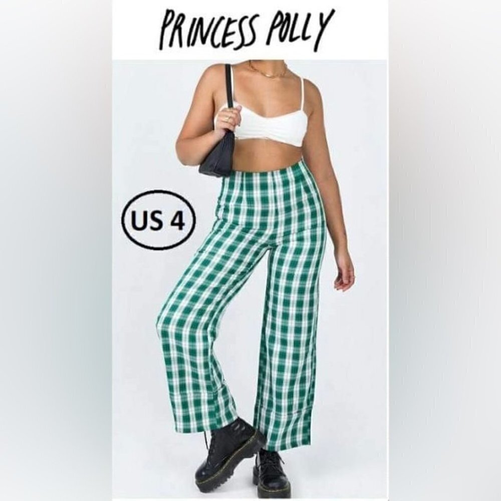 Princess Polly, Women's Euros Pants Green Tartan. Size: 4 (US). NWT